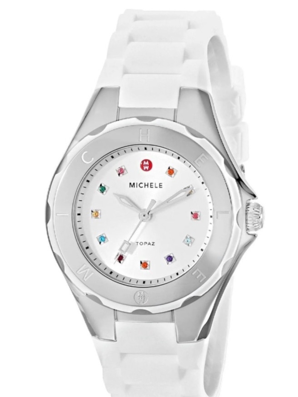 Michele Topaz White Silicone Strap Watch with Multicolor Crystal Markers